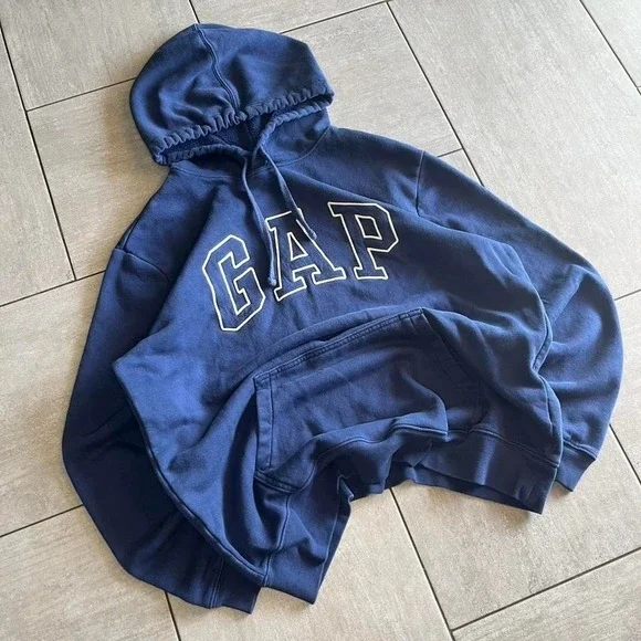 Gap Arch Logo Hoodie Navy Blue Fleece Pullover Sweatshirt Size L - Picture 2 of 6